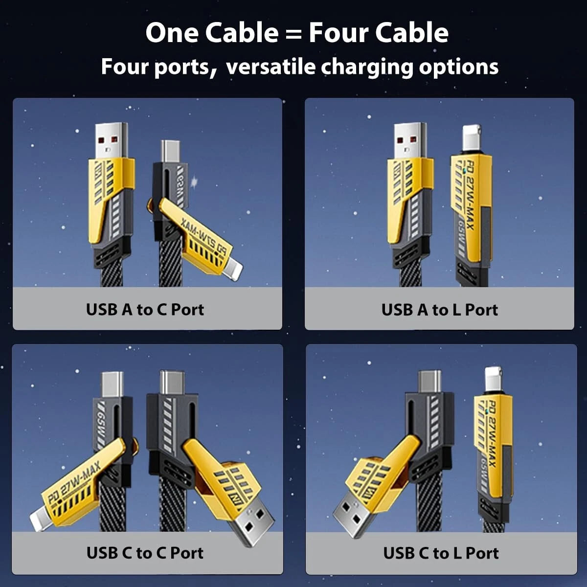 3Ft 65W 4 in 1 Multi Charging Cable Flat Braided USB C Charge Cord Transfer lot