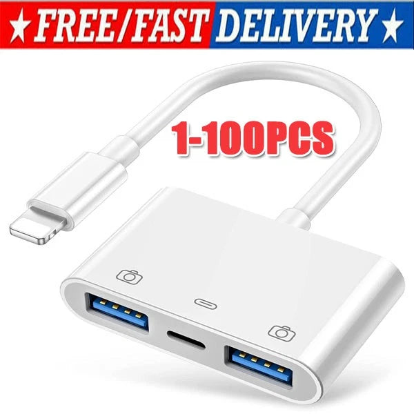 For iPhone to dual USB 3.0 Camera OTG Adapter with Charging Port for iPad lot
