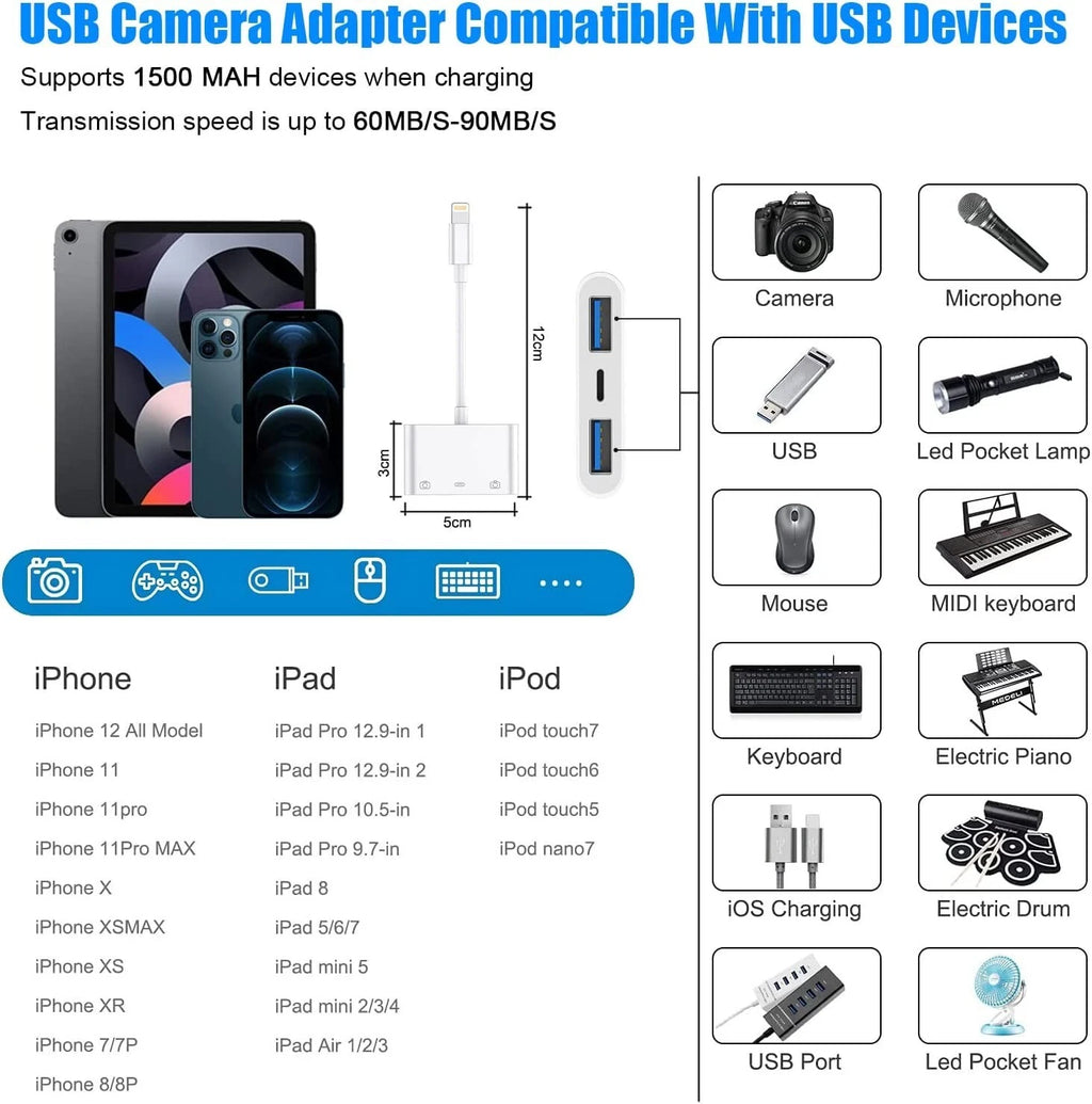 For iPhone to dual USB 3.0 Camera OTG Adapter with Charging Port for iPad lot