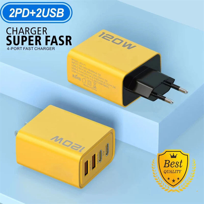120W 4-Port USB C Fast Wall Charger Block All Cell Phone 16 15 13 11 X iPad lot